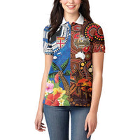 Fiji and Australia Together Women Polo Shirt Fijian Tapa Plants with Kangaroo and Aboriginal LT03 - Polynesian Pride