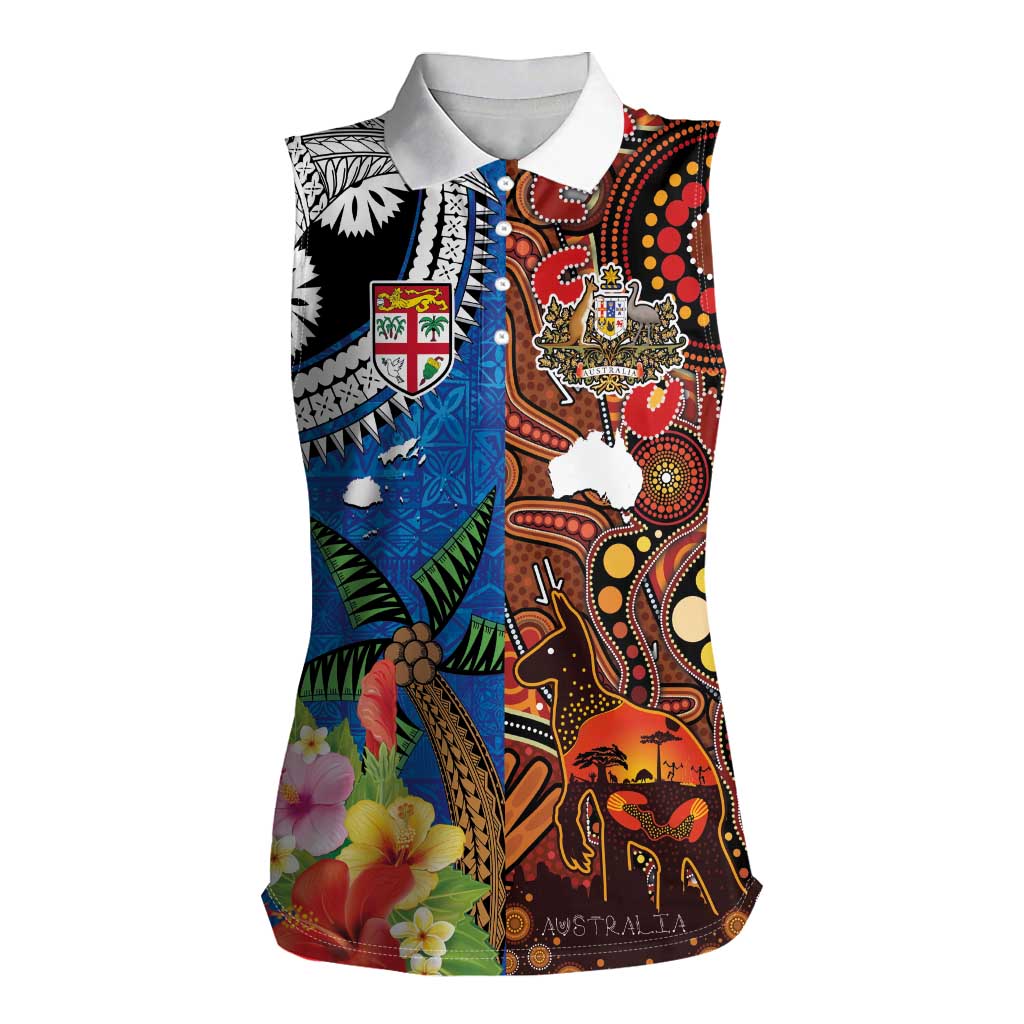 Fiji and Australia Together Women Sleeveless Polo Shirt Fijian Tapa Plants with Kangaroo and Aboriginal - Polynesian Pride