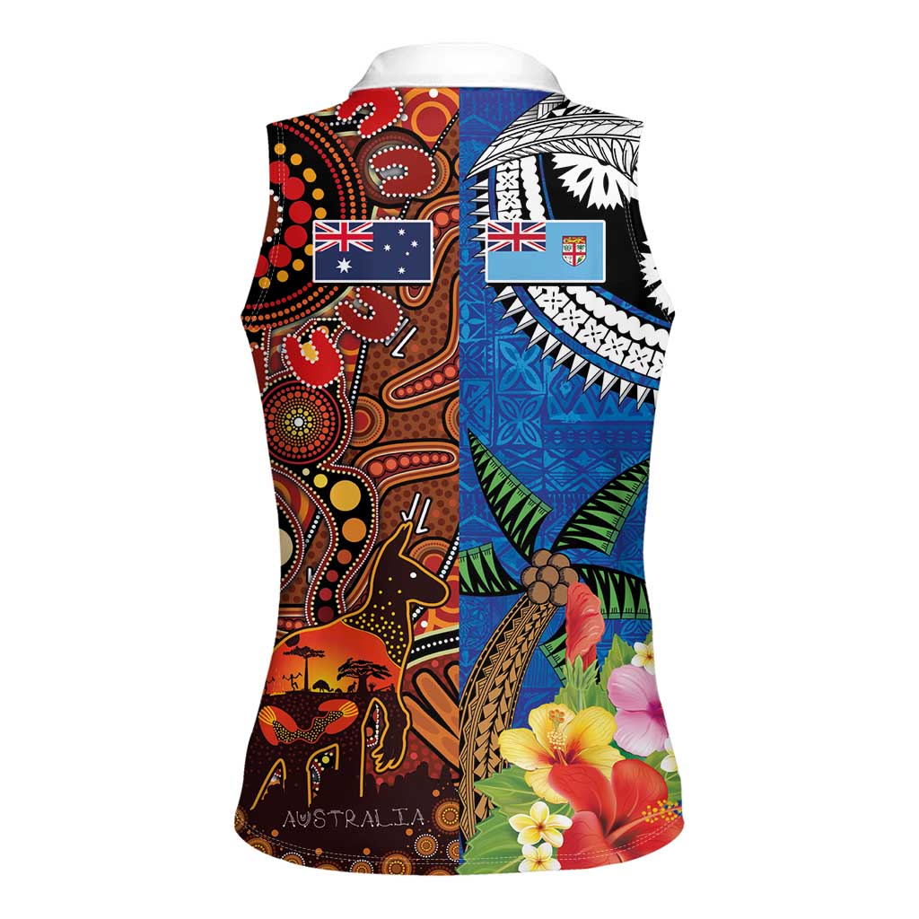 Fiji and Australia Together Women Sleeveless Polo Shirt Fijian Tapa Plants with Kangaroo and Aboriginal LT03 - Polynesian Pride