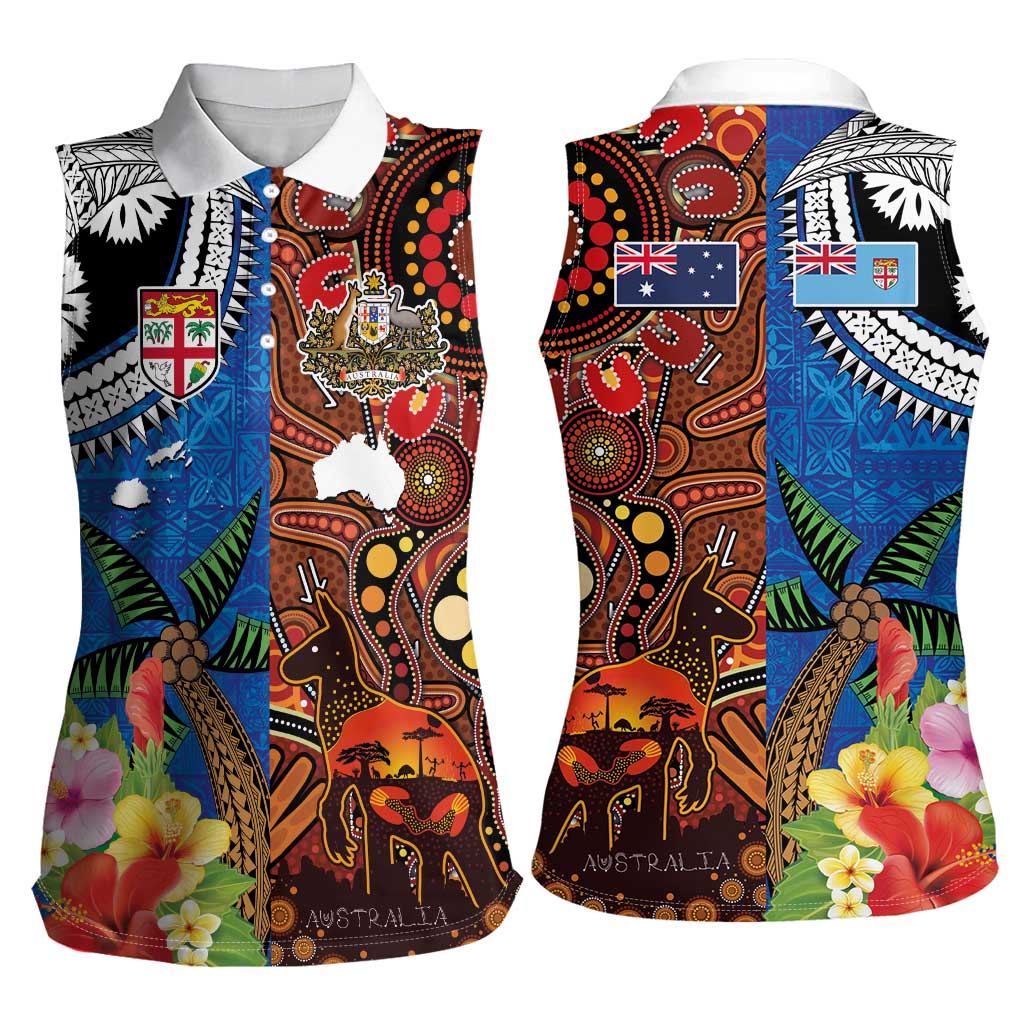 Fiji and Australia Together Women Sleeveless Polo Shirt Fijian Tapa Plants with Kangaroo and Aboriginal LT03 - Polynesian Pride
