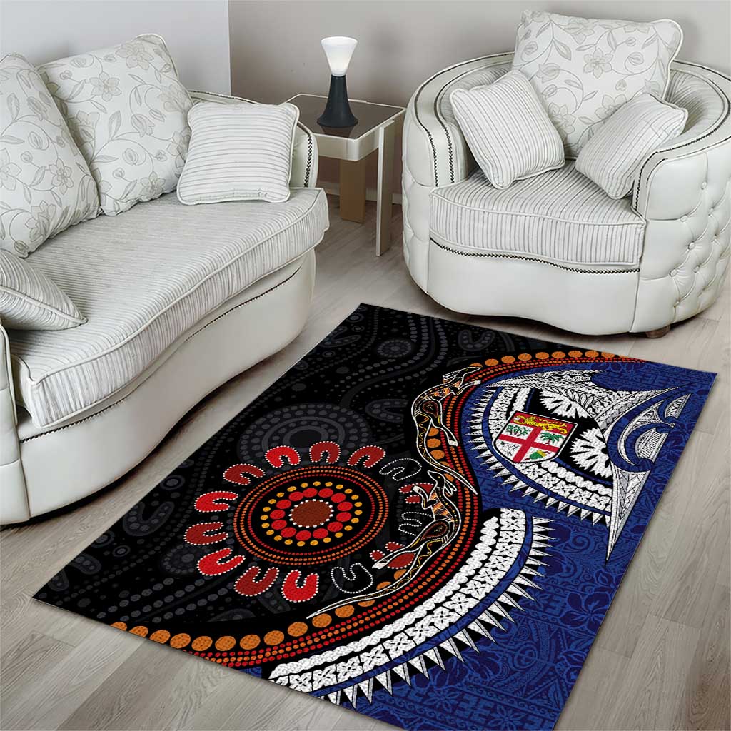 Fiji and Australia Together Area Rug Kangaroo Aboriginal with Tribal Tapa Hibiscus Half Style - Polynesian Pride