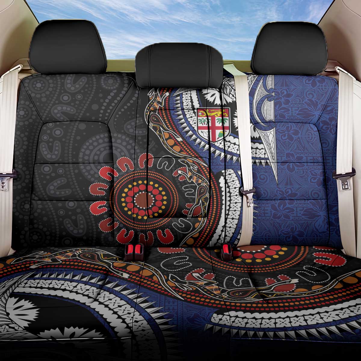Fiji and Australia Together Back Car Seat Cover Kangaroo Aboriginal with Tribal Tapa Hibiscus Half Style - Polynesian Pride