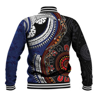 Fiji and Australia Together Baseball Jacket Kangaroo Aboriginal with Tribal Tapa Hibiscus Half Style - Polynesian Pride