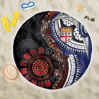 Fiji and Australia Together Beach Blanket Kangaroo Aboriginal with Tribal Tapa Hibiscus Half Style - Polynesian Pride