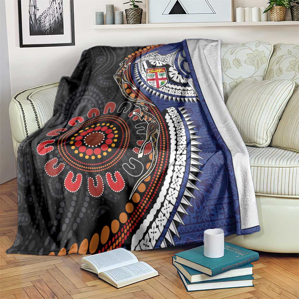 Fiji and Australia Together Blanket Kangaroo Aboriginal with Tribal Tapa Hibiscus Half Style - Polynesian Pride