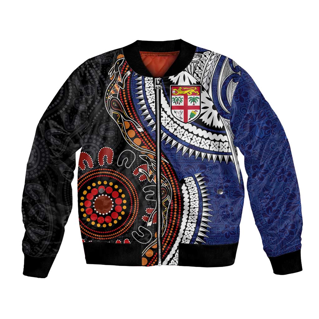 Fiji and Australia Together Bomber Jacket Kangaroo Aboriginal with Tribal Tapa Hibiscus Half Style - Polynesian Pride