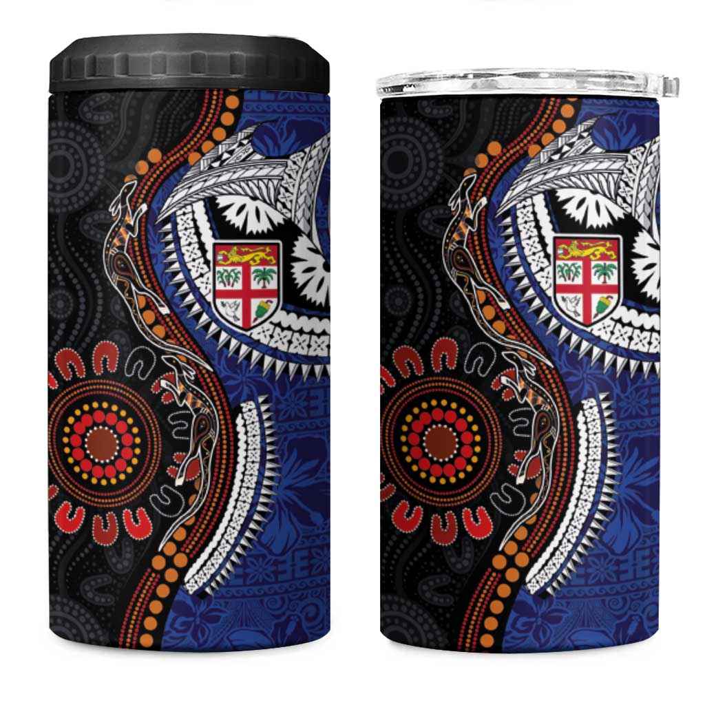 Fiji and Australia Together 4 in 1 Can Cooler Tumbler Kangaroo Aboriginal with Tribal Tapa Hibiscus Half Style - Polynesian Pride