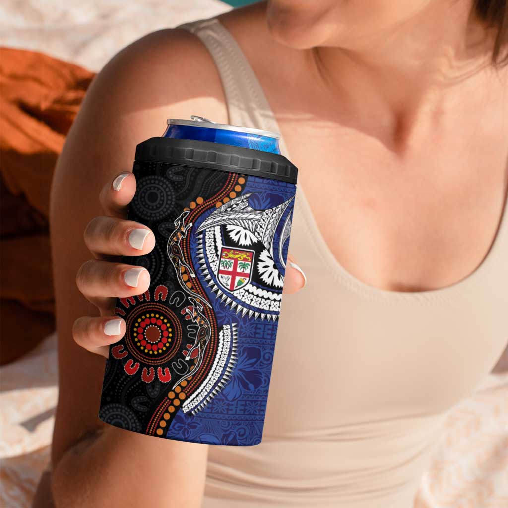 Fiji and Australia Together 4 in 1 Can Cooler Tumbler Kangaroo Aboriginal with Tribal Tapa Hibiscus Half Style - Polynesian Pride