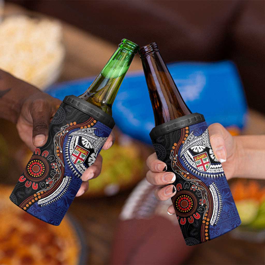 Fiji and Australia Together 4 in 1 Can Cooler Tumbler Kangaroo Aboriginal with Tribal Tapa Hibiscus Half Style - Polynesian Pride