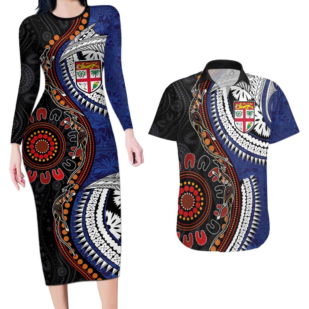 Fiji and Australia Together Couples Matching Long Sleeve Bodycon Dress and Hawaiian Shirt Kangaroo Aboriginal with Tribal Tapa Hibiscus Half Style - Polynesian Pride