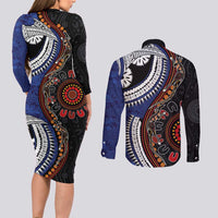 Fiji and Australia Together Couples Matching Long Sleeve Bodycon Dress and Long Sleeve Button Shirt Kangaroo Aboriginal with Tribal Tapa Hibiscus Half Style - Polynesian Pride