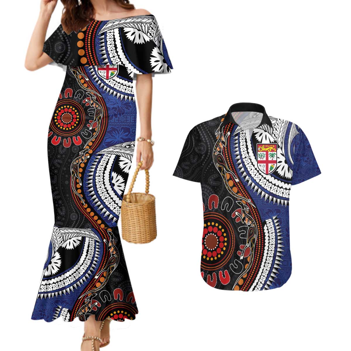 Fiji and Australia Together Couples Matching Mermaid Dress and Hawaiian Shirt Kangaroo Aboriginal with Tribal Tapa Hibiscus Half Style - Polynesian Pride