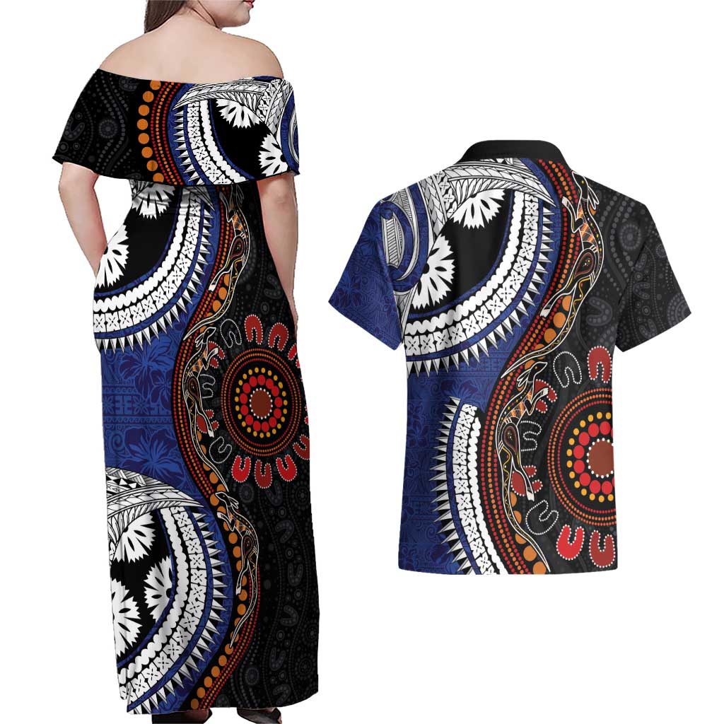 Fiji and Australia Together Couples Matching Off Shoulder Maxi Dress and Hawaiian Shirt Kangaroo Aboriginal with Tribal Tapa Hibiscus Half Style - Polynesian Pride