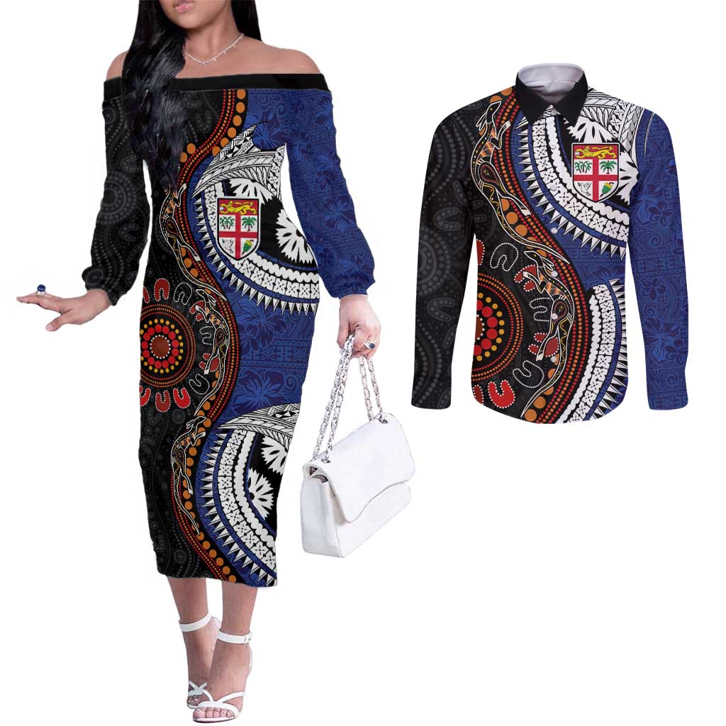 Fiji and Australia Together Couples Matching Off The Shoulder Long Sleeve Dress and Long Sleeve Button Shirt Kangaroo Aboriginal with Tribal Tapa Hibiscus Half Style - Polynesian Pride