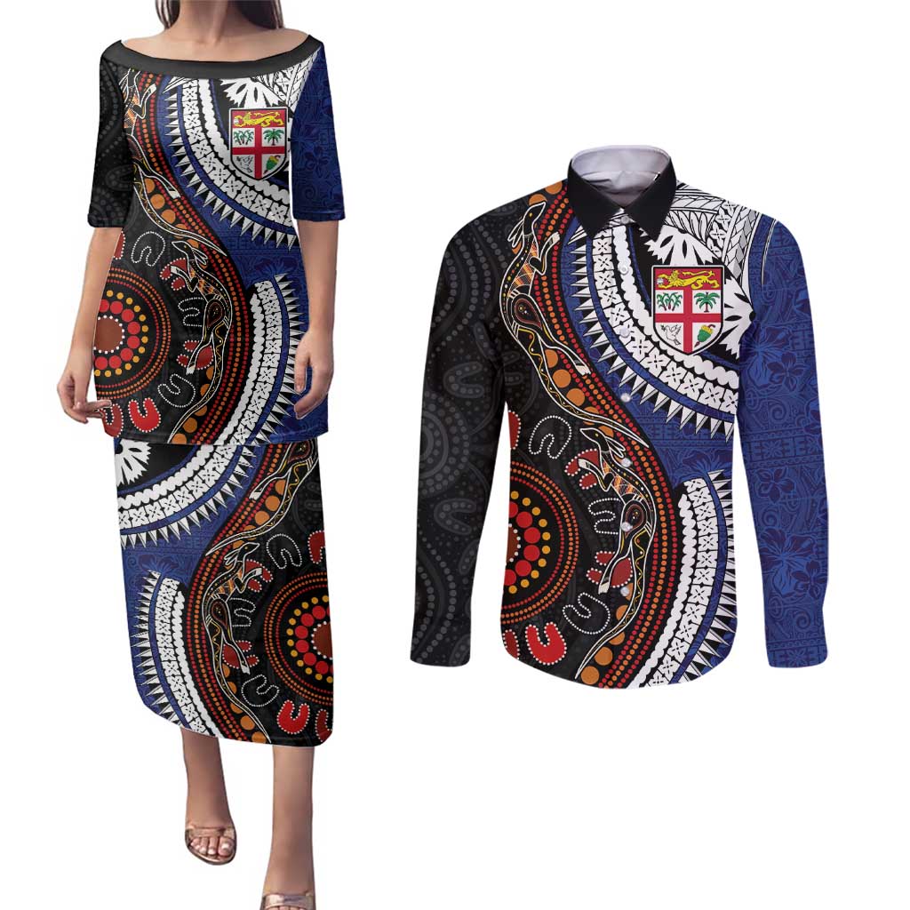 Fiji and Australia Together Couples Matching Puletasi and Long Sleeve Button Shirt Kangaroo Aboriginal with Tribal Tapa Hibiscus Half Style - Polynesian Pride