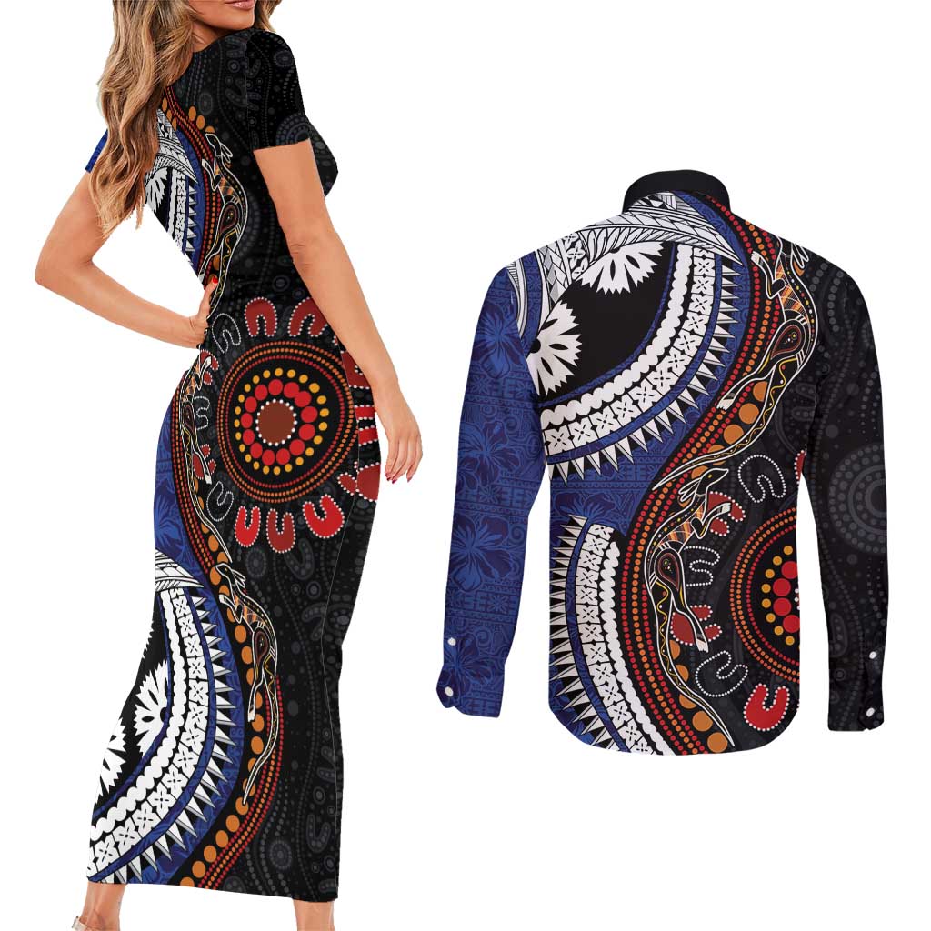 Fiji and Australia Together Couples Matching Short Sleeve Bodycon Dress and Long Sleeve Button Shirt Kangaroo Aboriginal with Tribal Tapa Hibiscus Half Style - Polynesian Pride