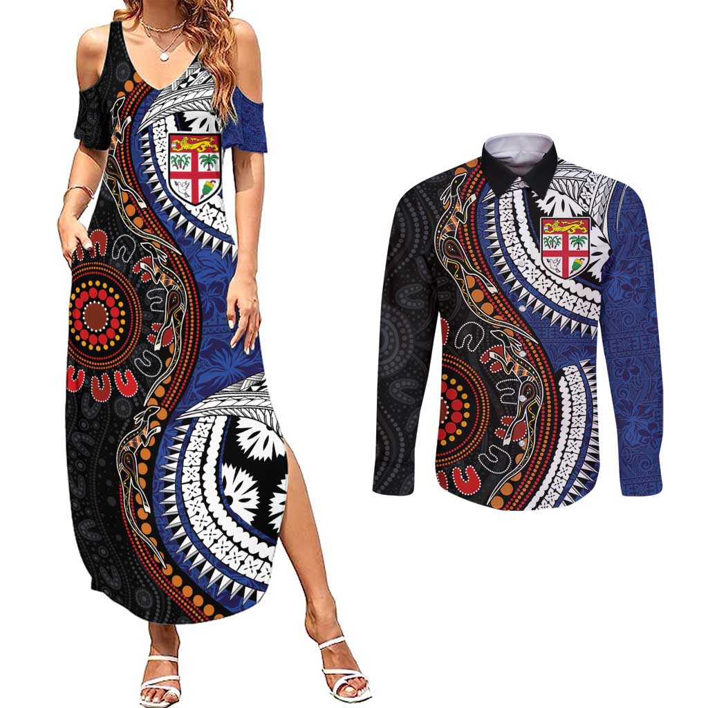 Fiji and Australia Together Couples Matching Summer Maxi Dress and Long Sleeve Button Shirt Kangaroo Aboriginal with Tribal Tapa Hibiscus Half Style - Polynesian Pride