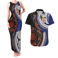 Fiji and Australia Together Couples Matching Tank Maxi Dress and Hawaiian Shirt Kangaroo Aboriginal with Tribal Tapa Hibiscus Half Style - Polynesian Pride