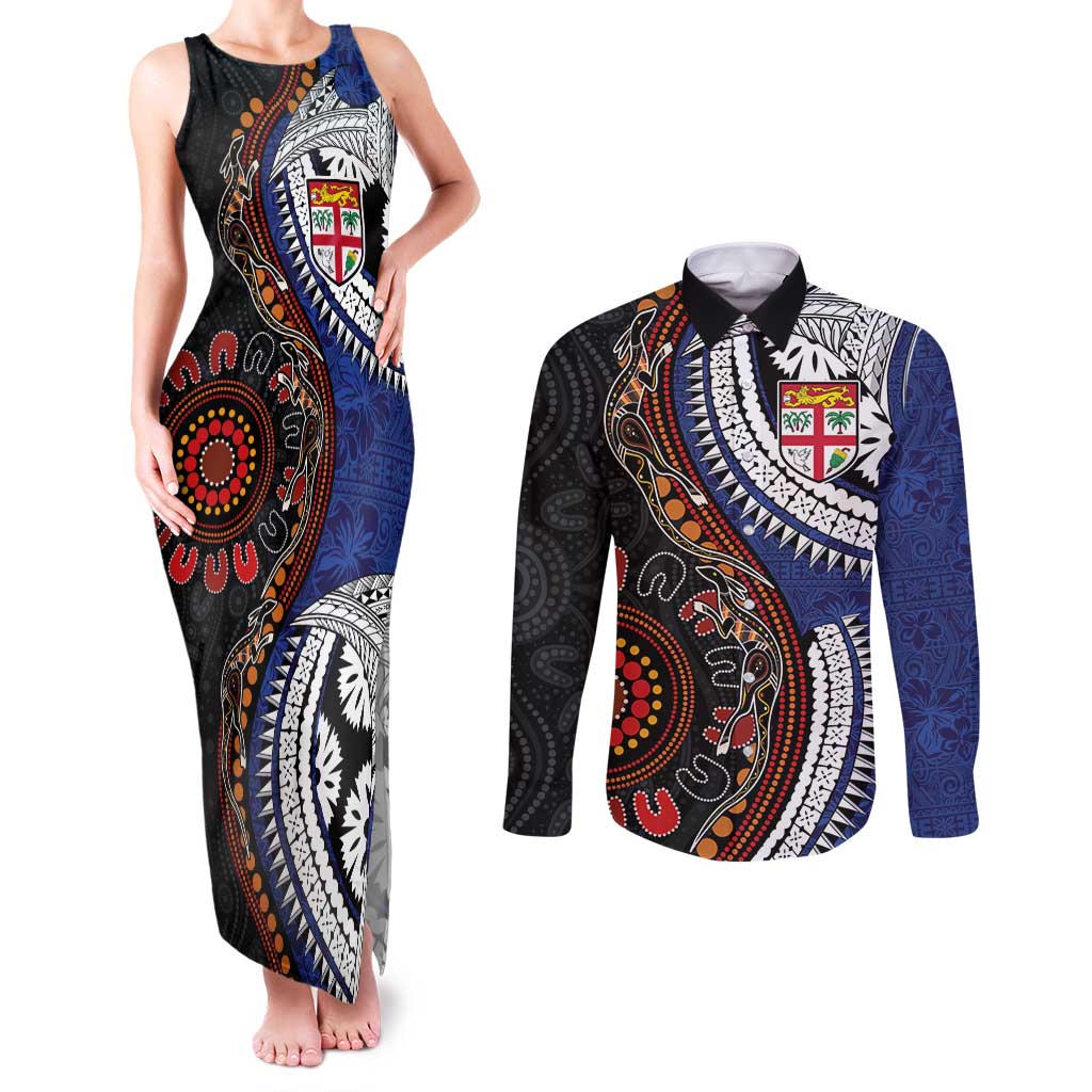 Fiji and Australia Together Couples Matching Tank Maxi Dress and Long Sleeve Button Shirt Kangaroo Aboriginal with Tribal Tapa Hibiscus Half Style - Polynesian Pride