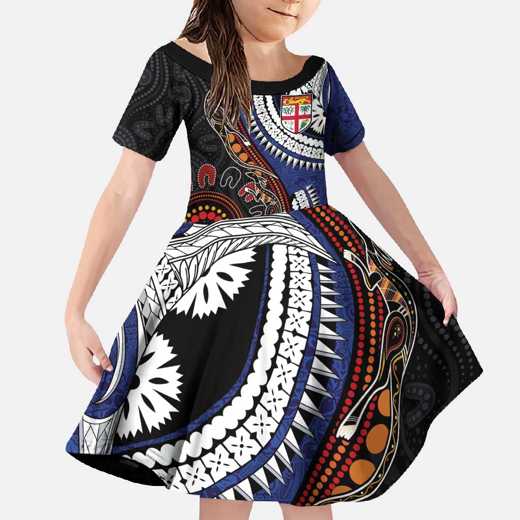 Fiji and Australia Together Family Matching Long Sleeve Bodycon Dress and Hawaiian Shirt Kangaroo Aboriginal with Tribal Tapa Hibiscus Half Style - Polynesian Pride