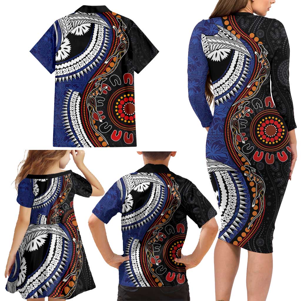 Fiji and Australia Together Family Matching Long Sleeve Bodycon Dress and Hawaiian Shirt Kangaroo Aboriginal with Tribal Tapa Hibiscus Half Style - Polynesian Pride