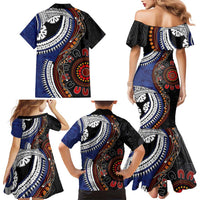 Fiji and Australia Together Family Matching Mermaid Dress and Hawaiian Shirt Kangaroo Aboriginal with Tribal Tapa Hibiscus Half Style - Polynesian Pride