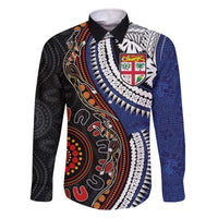 Fiji and Australia Together Family Matching Off The Shoulder Long Sleeve Dress and Hawaiian Shirt Kangaroo Aboriginal with Tribal Tapa Hibiscus Half Style - Polynesian Pride