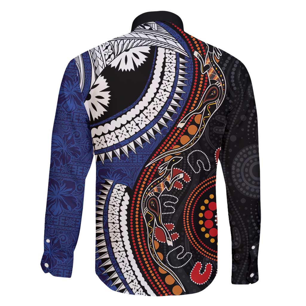 Fiji and Australia Together Family Matching Off Shoulder Short Dress and Hawaiian Shirt Kangaroo Aboriginal with Tribal Tapa Hibiscus Half Style - Polynesian Pride