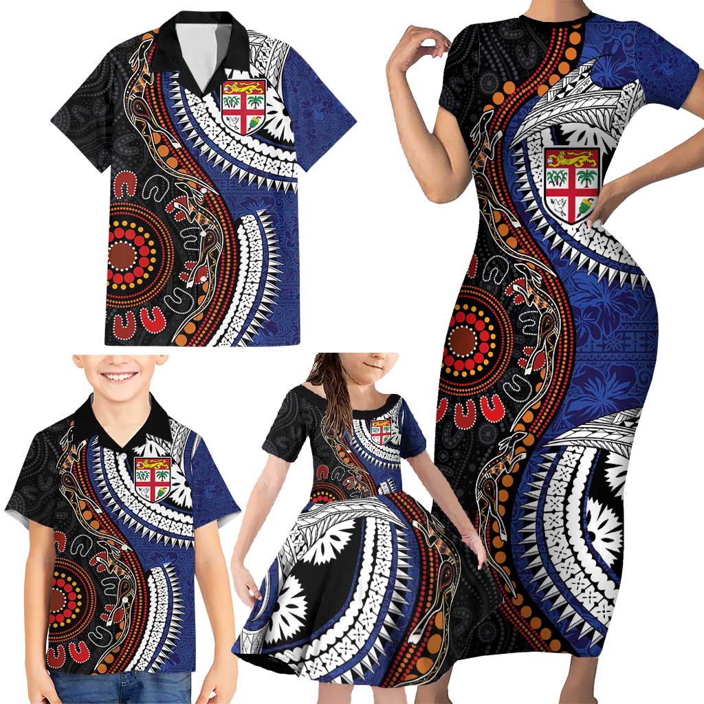 Fiji and Australia Together Family Matching Short Sleeve Bodycon Dress and Hawaiian Shirt Kangaroo Aboriginal with Tribal Tapa Hibiscus Half Style - Polynesian Pride
