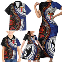 Fiji and Australia Together Family Matching Short Sleeve Bodycon Dress and Hawaiian Shirt Kangaroo Aboriginal with Tribal Tapa Hibiscus Half Style - Polynesian Pride