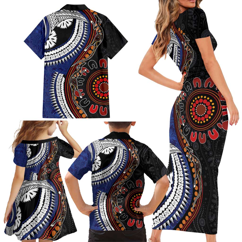 Fiji and Australia Together Family Matching Short Sleeve Bodycon Dress and Hawaiian Shirt Kangaroo Aboriginal with Tribal Tapa Hibiscus Half Style - Polynesian Pride
