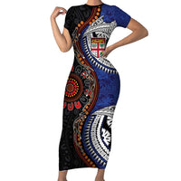 Fiji and Australia Together Family Matching Short Sleeve Bodycon Dress and Hawaiian Shirt Kangaroo Aboriginal with Tribal Tapa Hibiscus Half Style - Polynesian Pride
