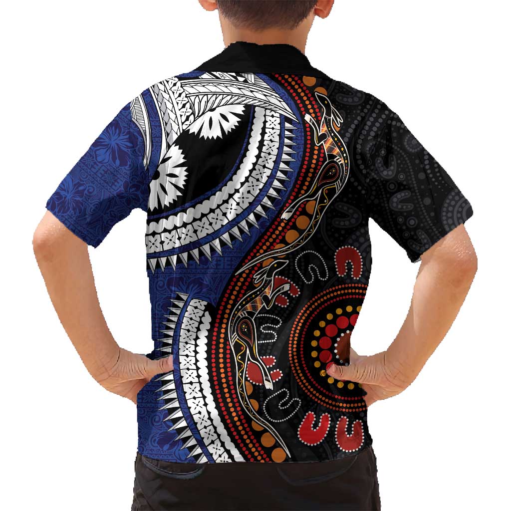 Fiji and Australia Together Family Matching Tank Maxi Dress and Hawaiian Shirt Kangaroo Aboriginal with Tribal Tapa Hibiscus Half Style - Polynesian Pride