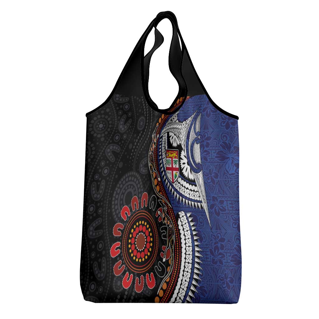 Fiji and Australia Together Grocery Bag Kangaroo Aboriginal with Tribal Tapa Hibiscus Half Style - Polynesian Pride