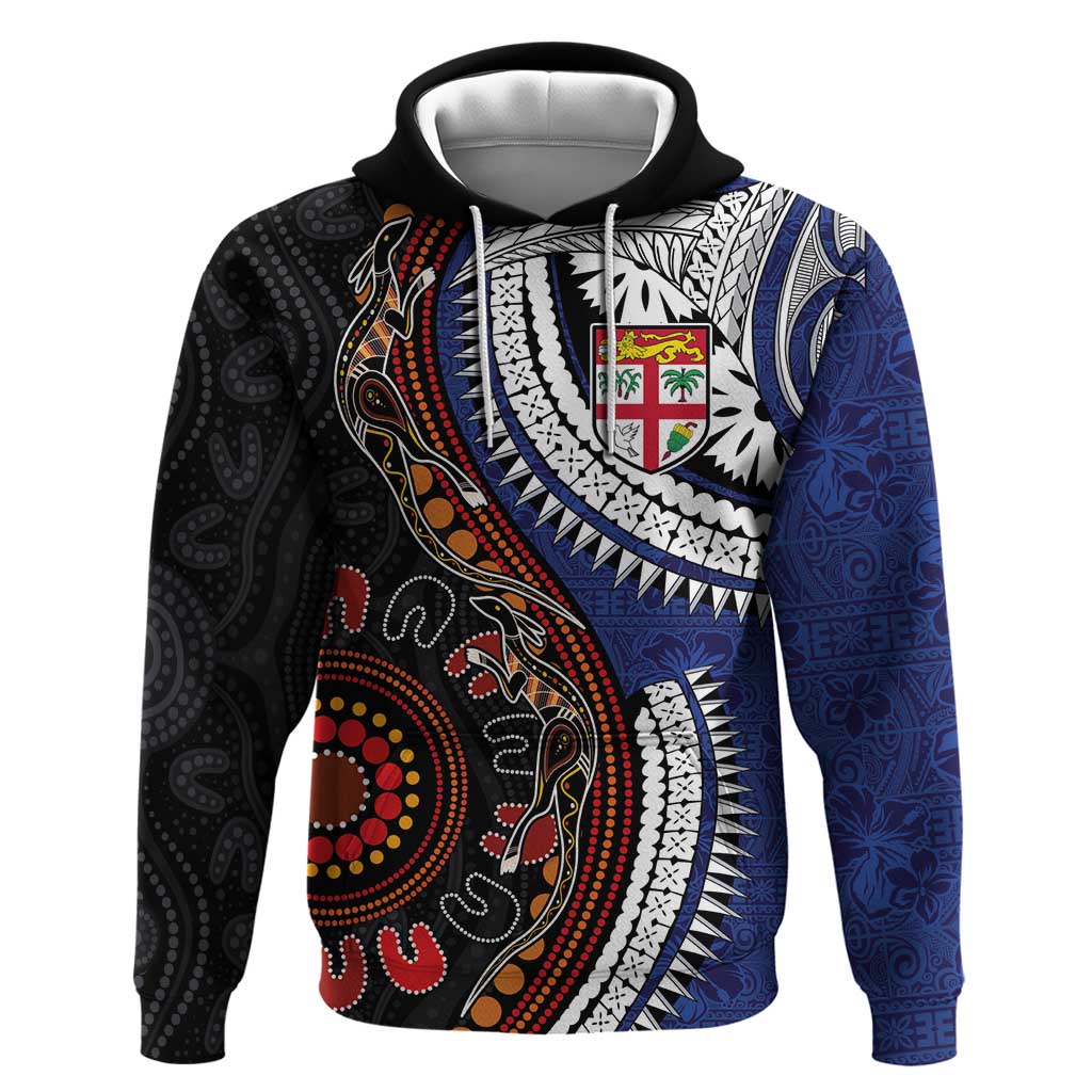 Fiji and Australia Together Hoodie Kangaroo Aboriginal with Tribal Tapa Hibiscus Half Style - Polynesian Pride
