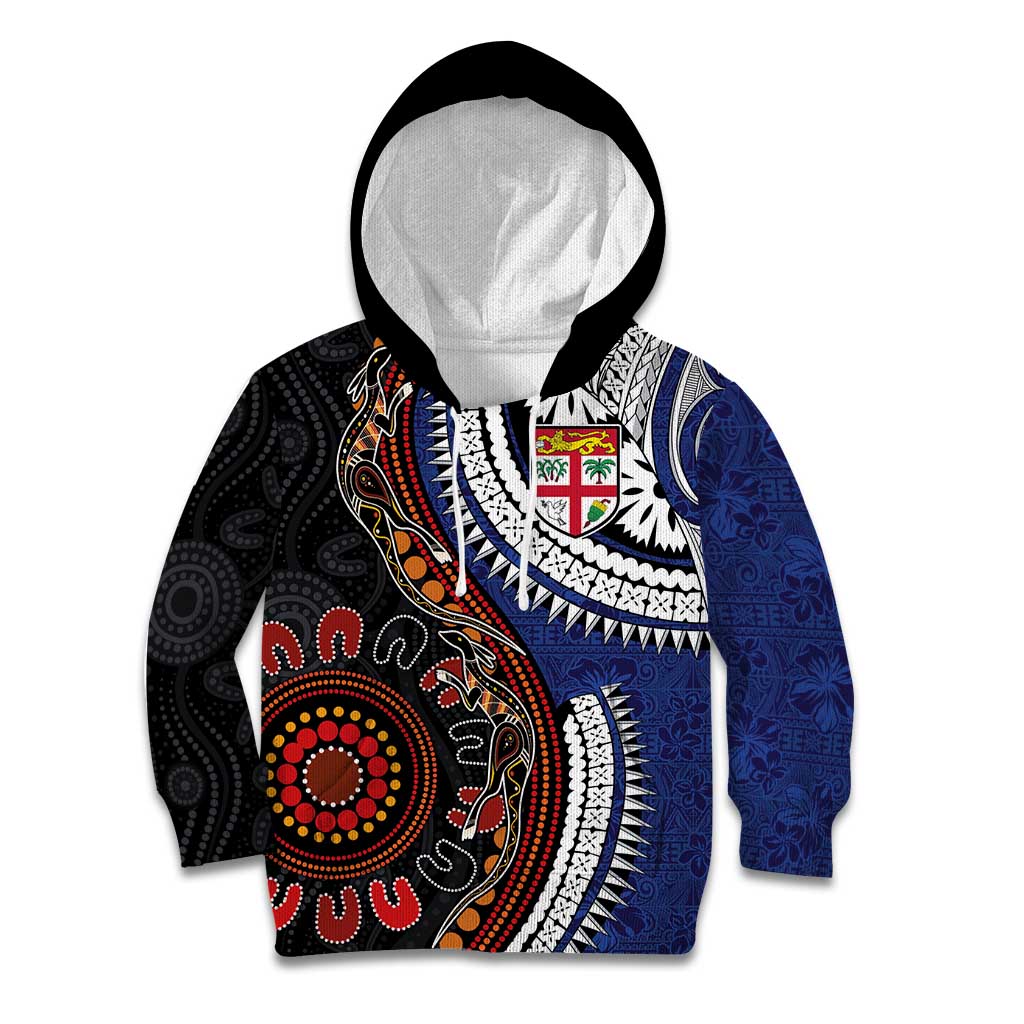 Fiji and Australia Together Kid Hoodie Kangaroo Aboriginal with Tribal Tapa Hibiscus Half Style - Polynesian Pride