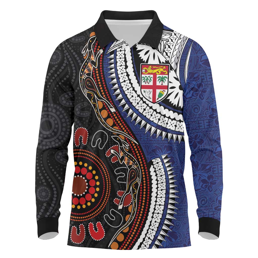 Fiji and Australia Together Long Sleeve Polo Shirt Kangaroo Aboriginal with Tribal Tapa Hibiscus Half Style LT03 Black - Polynesian Pride