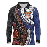 Fiji and Australia Together Long Sleeve Polo Shirt Kangaroo Aboriginal with Tribal Tapa Hibiscus Half Style LT03 Black - Polynesian Pride
