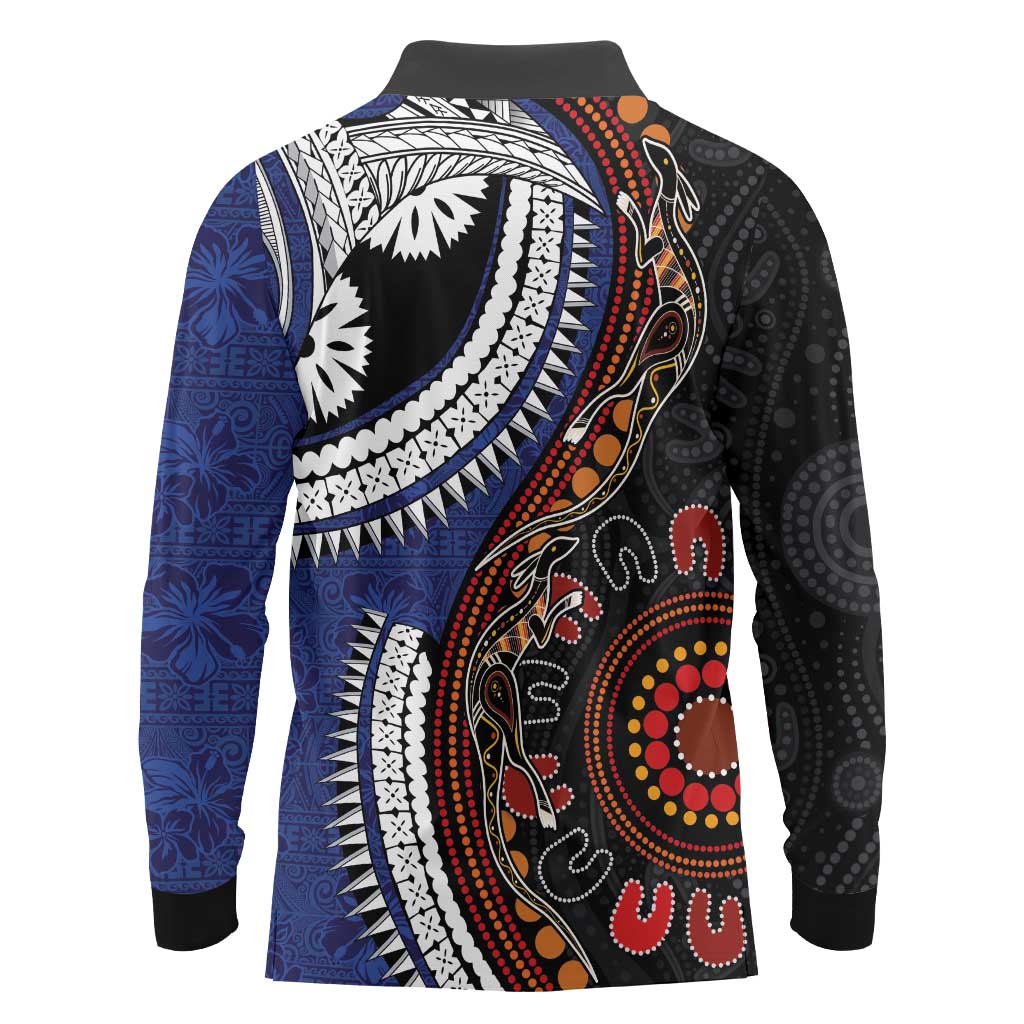 Fiji and Australia Together Long Sleeve Polo Shirt Kangaroo Aboriginal with Tribal Tapa Hibiscus Half Style LT03 - Polynesian Pride