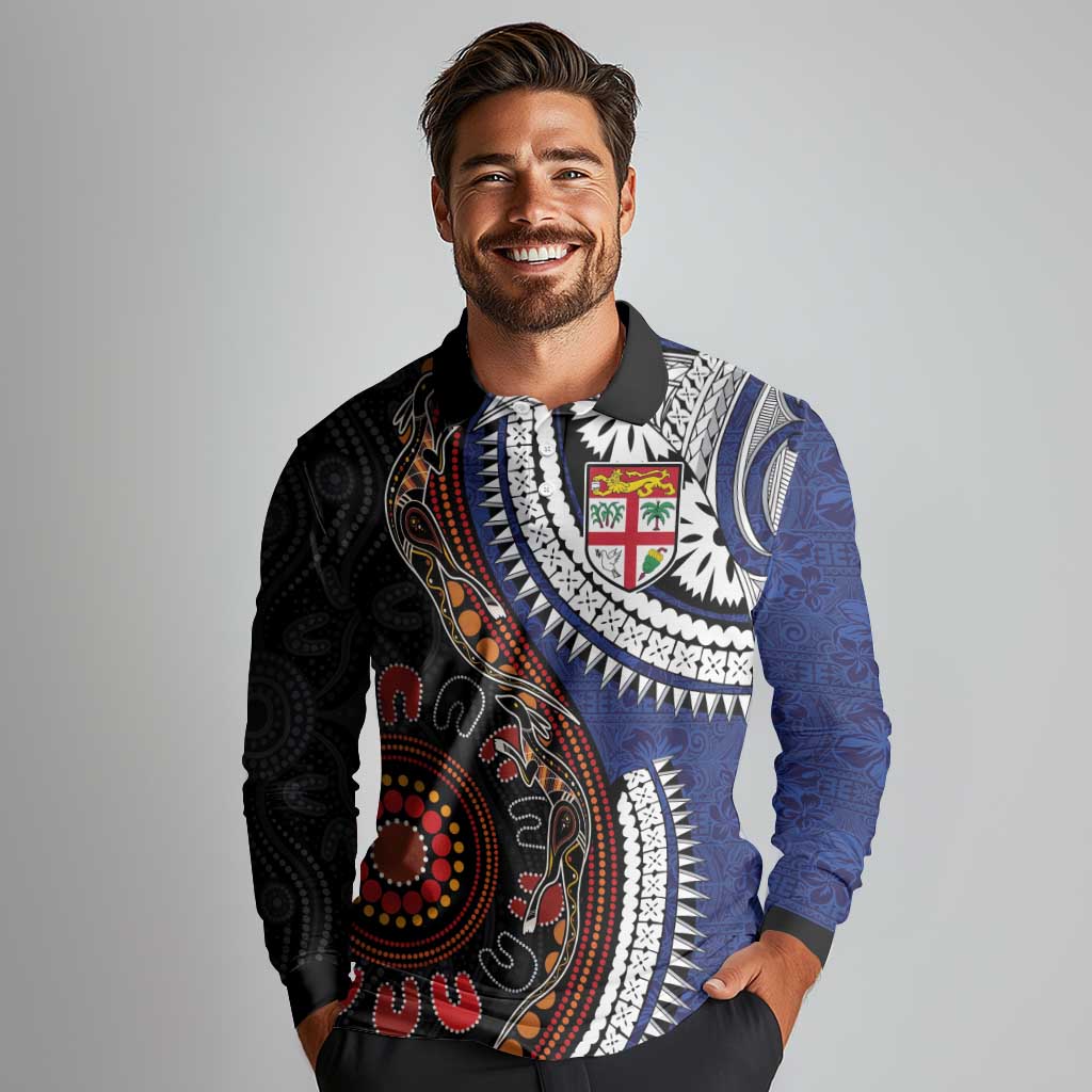 Fiji and Australia Together Long Sleeve Polo Shirt Kangaroo Aboriginal with Tribal Tapa Hibiscus Half Style LT03 - Polynesian Pride