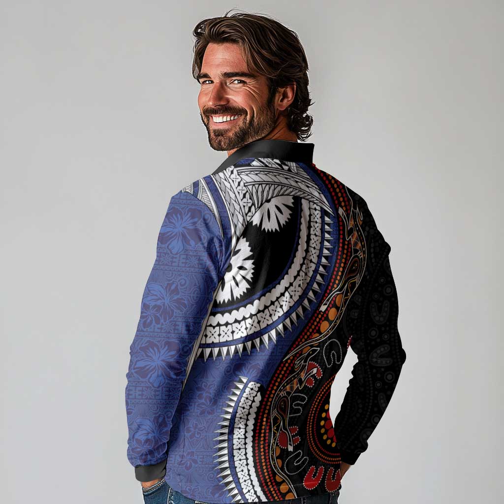 Fiji and Australia Together Long Sleeve Polo Shirt Kangaroo Aboriginal with Tribal Tapa Hibiscus Half Style LT03 - Polynesian Pride