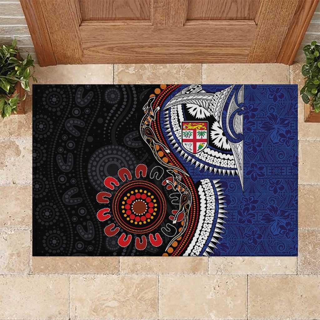 Fiji and Australia Together Rubber Doormat Kangaroo Aboriginal with Tribal Tapa Hibiscus Half Style - Polynesian Pride