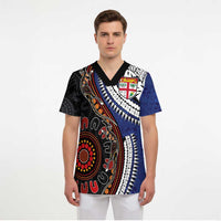 Fiji and Australia Together Scrub Top Kangaroo Aboriginal with Tribal Tapa Hibiscus Half Style - Polynesian Pride