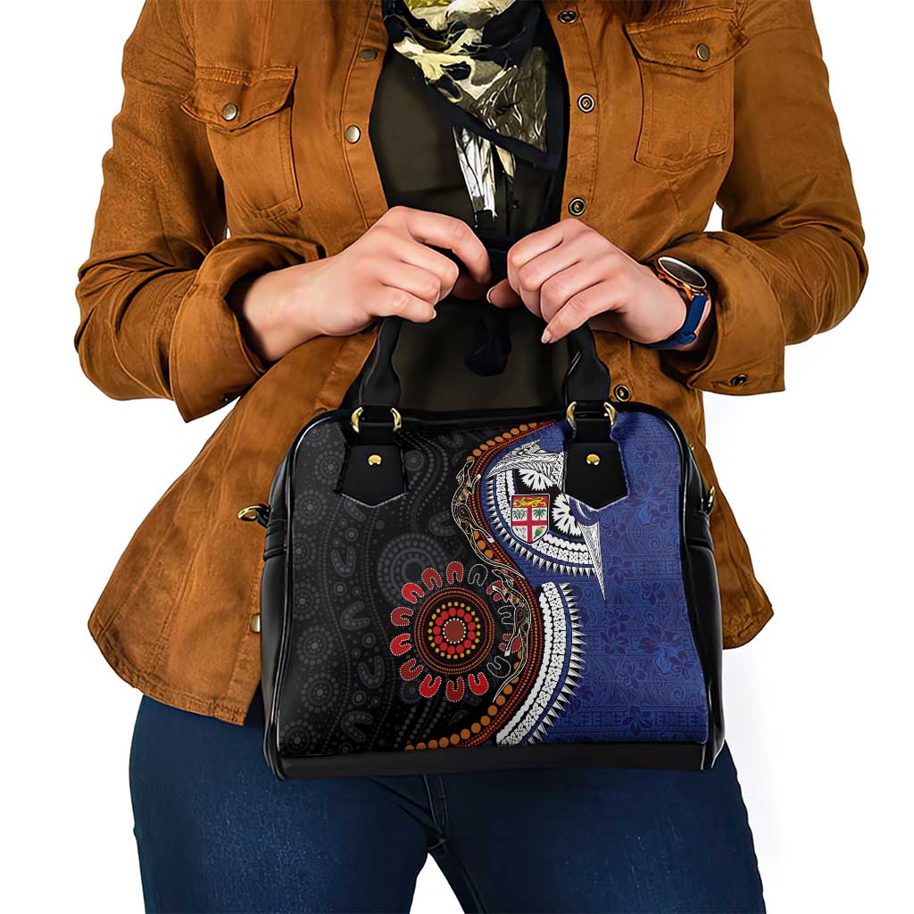 Fiji and Australia Together Shoulder Handbag Kangaroo Aboriginal with Tribal Tapa Hibiscus Half Style - Polynesian Pride