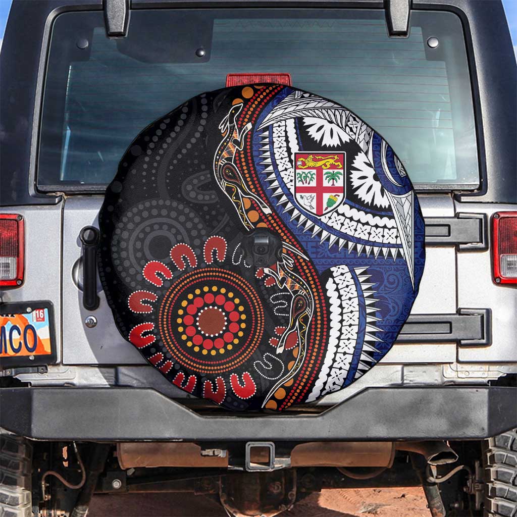 Fiji and Australia Together Spare Tire Cover Kangaroo Aboriginal with Tribal Tapa Hibiscus Half Style - Polynesian Pride
