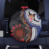 Fiji and Australia Together Spare Tire Cover Kangaroo Aboriginal with Tribal Tapa Hibiscus Half Style - Polynesian Pride
