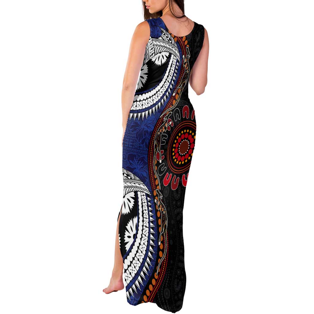 Fiji and Australia Together Tank Maxi Dress Kangaroo Aboriginal with Tribal Tapa Hibiscus Half Style - Polynesian Pride