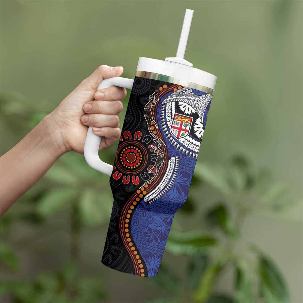 Fiji and Australia Together Tumbler With Handle Kangaroo Aboriginal with Tribal Tapa Hibiscus Half Style - Polynesian Pride