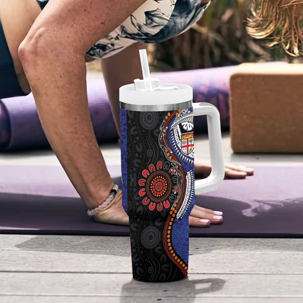 Fiji and Australia Together Tumbler With Handle Kangaroo Aboriginal with Tribal Tapa Hibiscus Half Style - Polynesian Pride