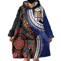 Fiji and Australia Together Wearable Blanket Hoodie Kangaroo Aboriginal with Tribal Tapa Hibiscus Half Style - Polynesian Pride